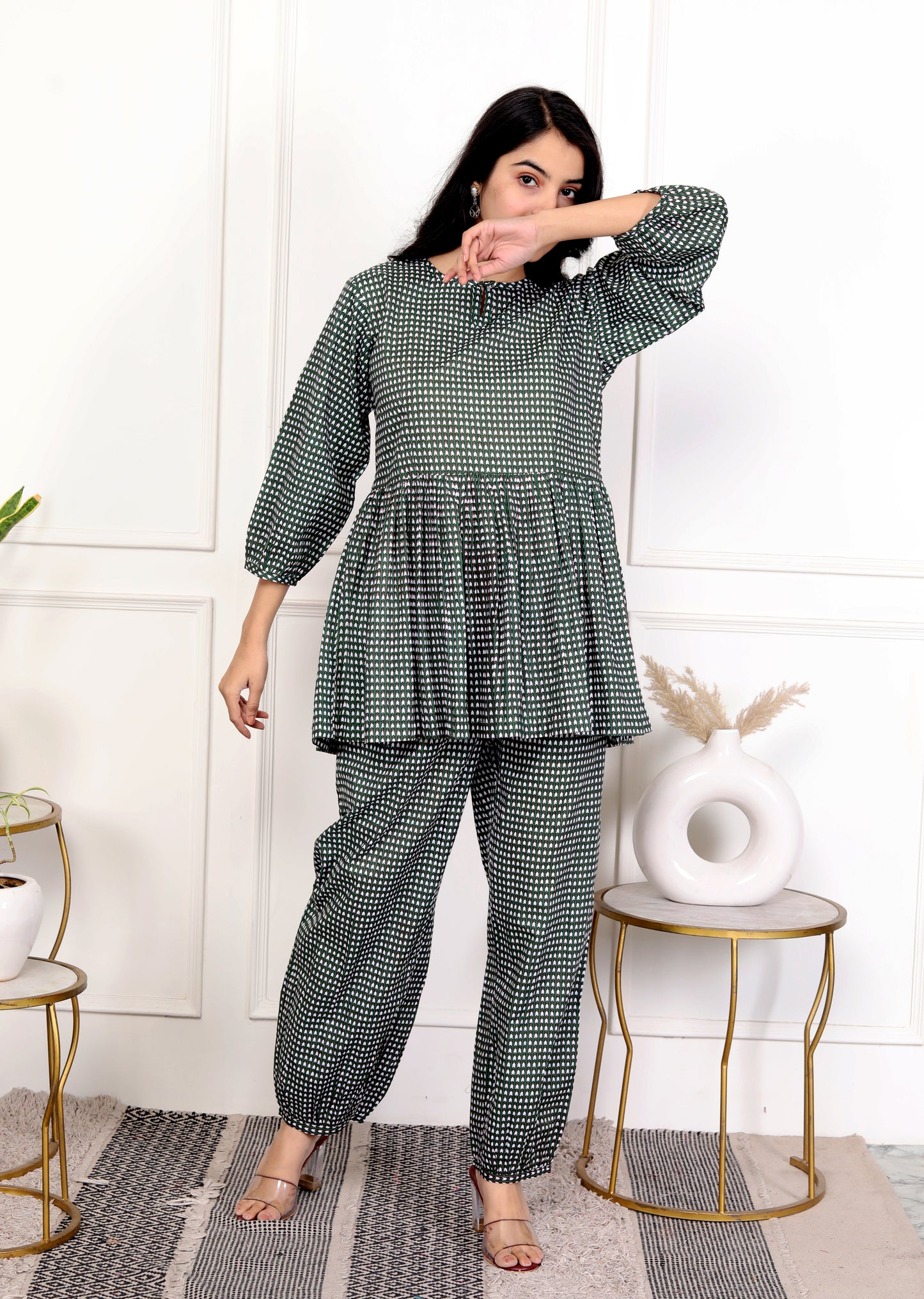 Timeless Green Block Print Checkered Cotton Outfit Co-ord Set