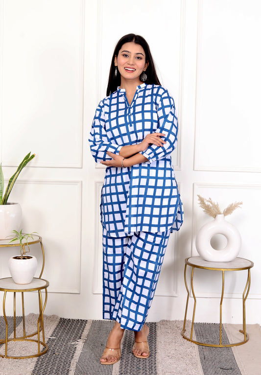 Elegant Blue Block Print Checkered V-Neck Design – Effortless Comfort and Style Co-ord Set