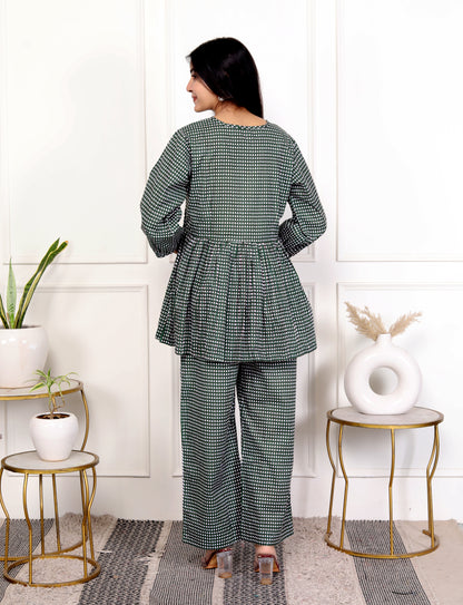 Green Checkered Round Neck Outfit Co-ord Set