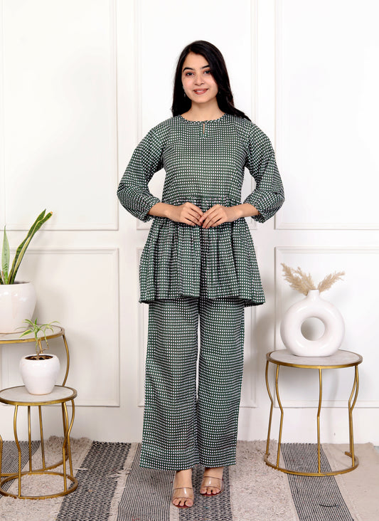 Green Checkered Round Neck Outfit Co-ord Set