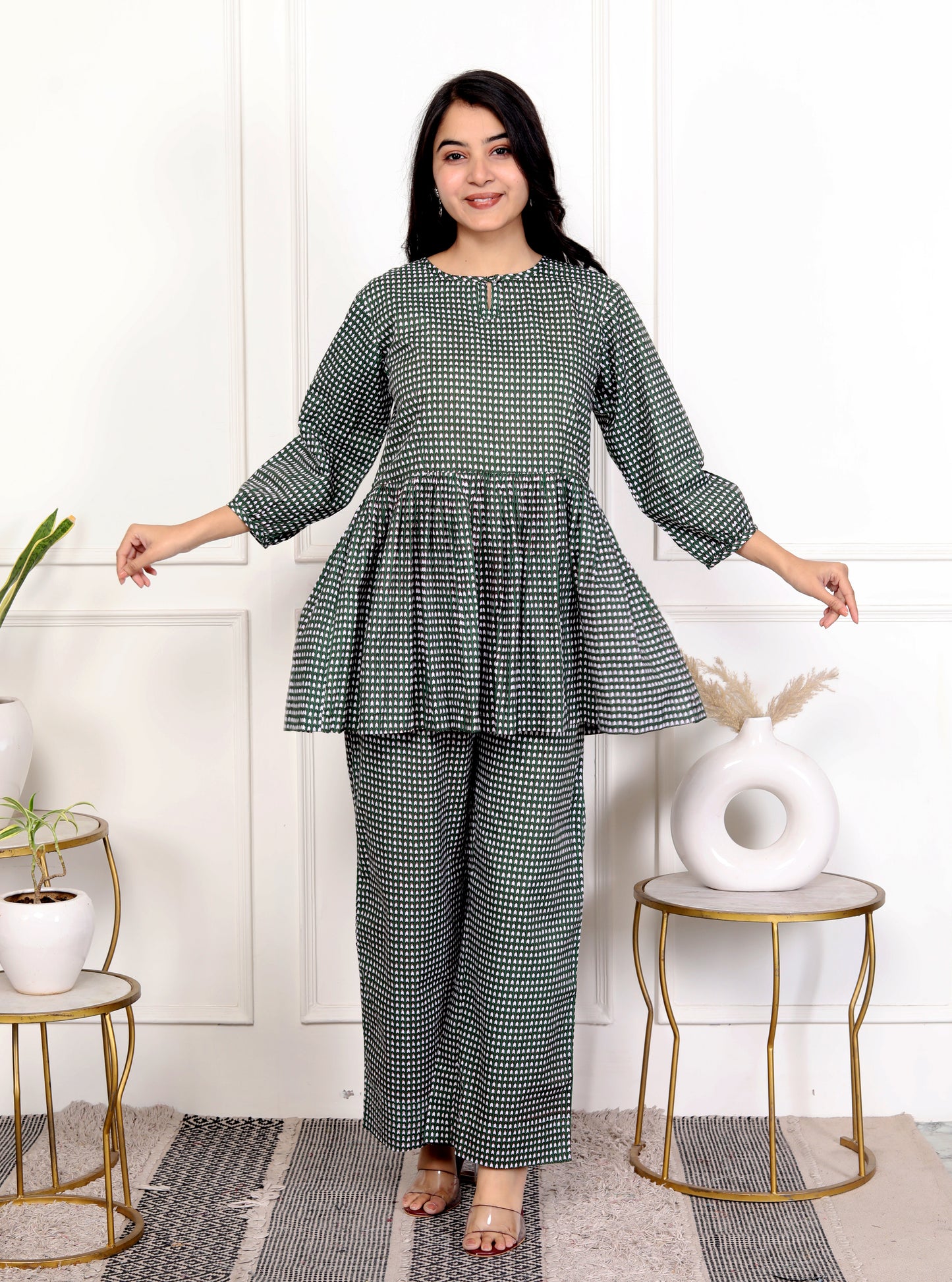 Green Checkered Round Neck Outfit Co-ord Set