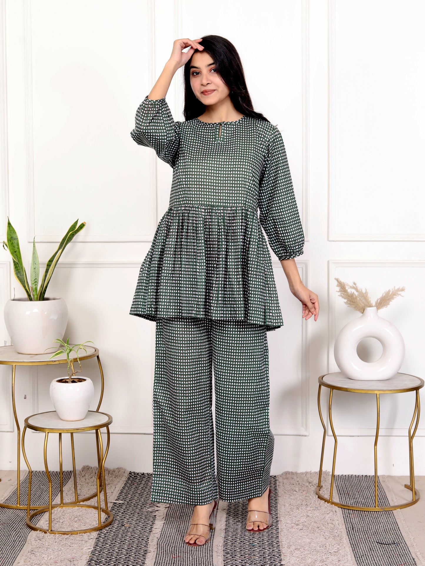 Green Checkered Round Neck Outfit Co-ord Set