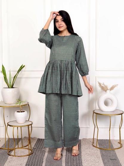 Green Checkered Round Neck Outfit Co-ord Set