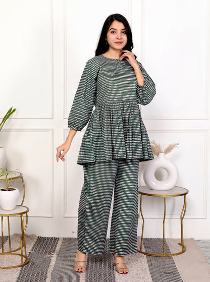 Green Checkered Round Neck Outfit Co-ord Set