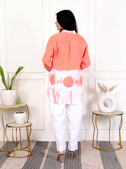 Peach & White Tie-Dye Cotton Shirt with Matching Bottoms – Set of 2