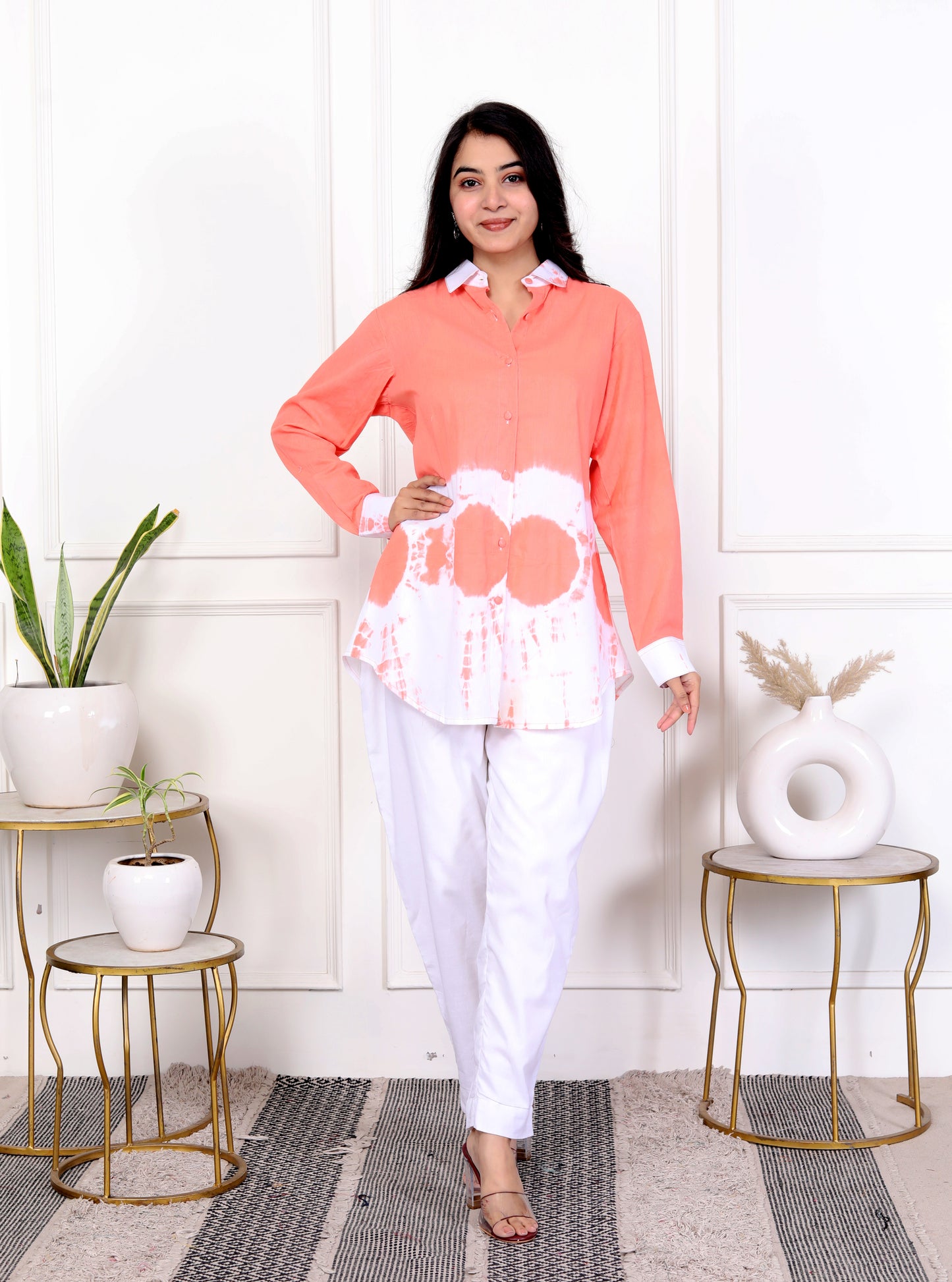 Peach & White Tie-Dye Cotton Shirt with Matching Bottoms – Set of 2