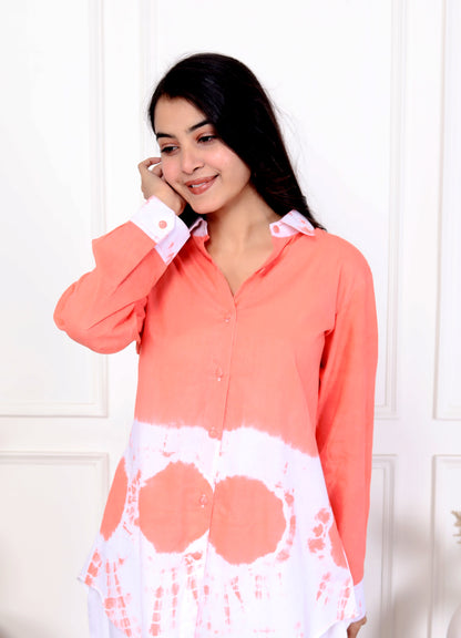 Peach & White Tie-Dye Cotton Shirt with Matching Bottoms – Set of 2