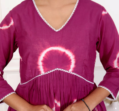 Plum Purple Tie-Dye Cotton Outfit – Flared Dress