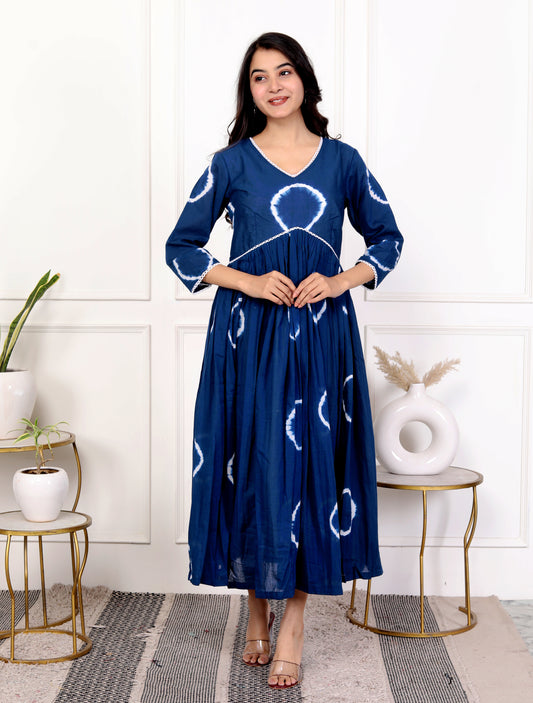 Indigo Tie-Dye Cotton Dress – Elegant and Comfortable Long Flared Dress