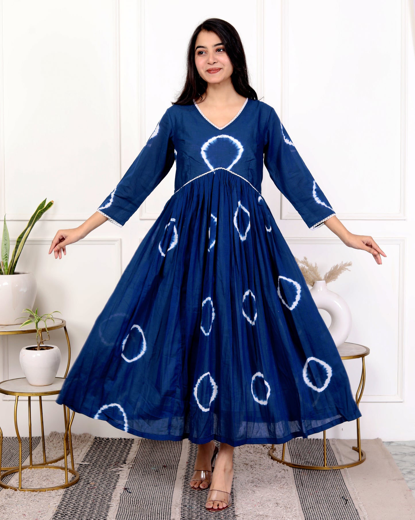 Indigo Tie-Dye Cotton Dress – Elegant and Comfortable Long Flared Dress