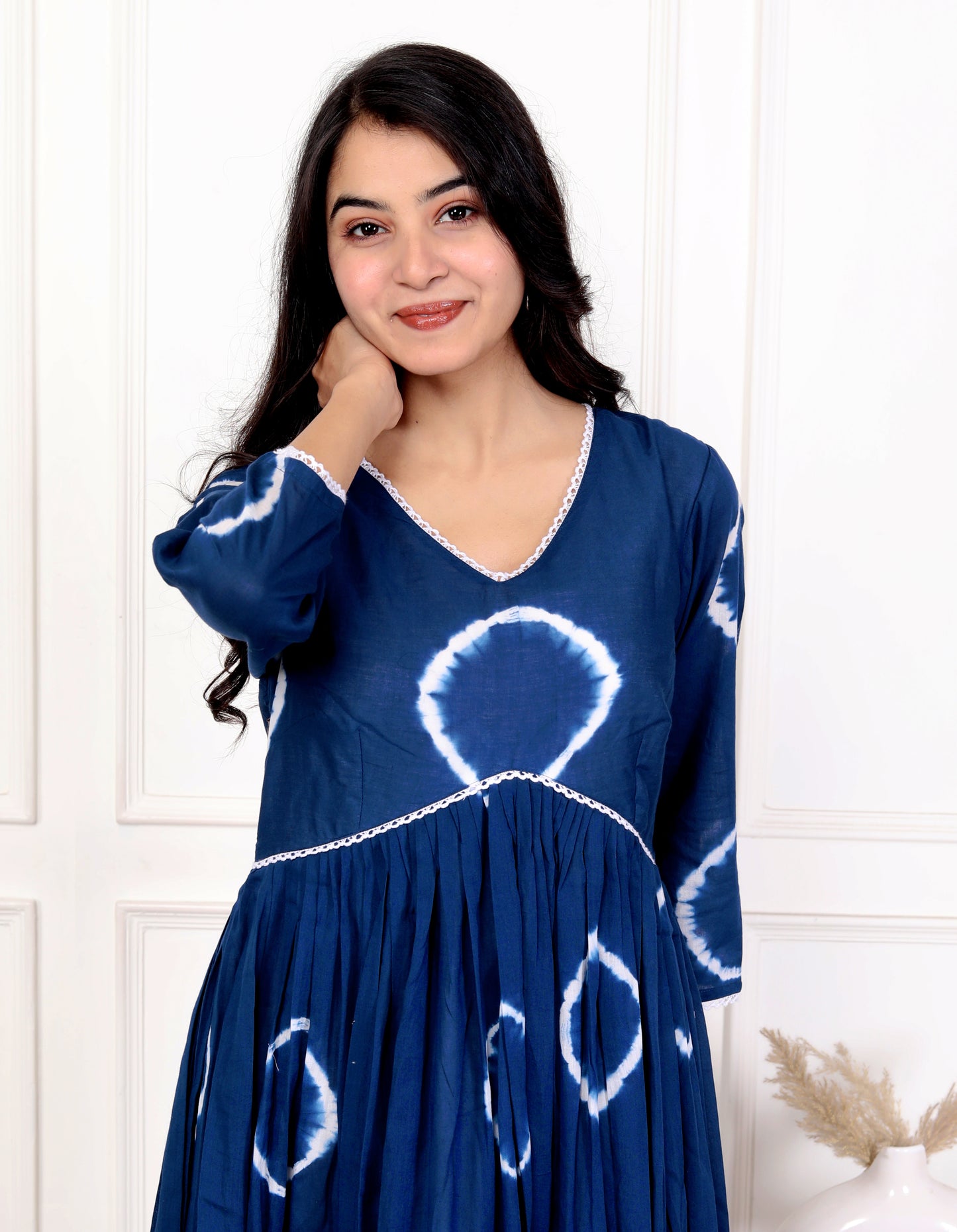 Indigo Tie-Dye Cotton Dress – Elegant and Comfortable Long Flared Dress