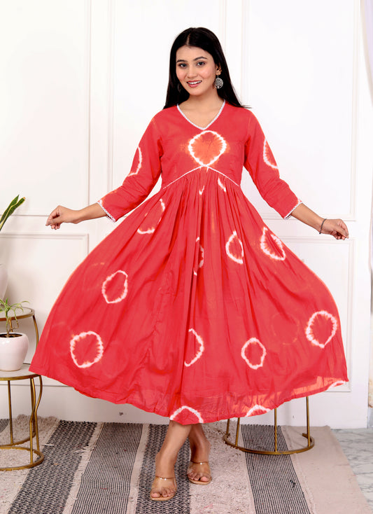 Coral Tie-Dye Flared Dress