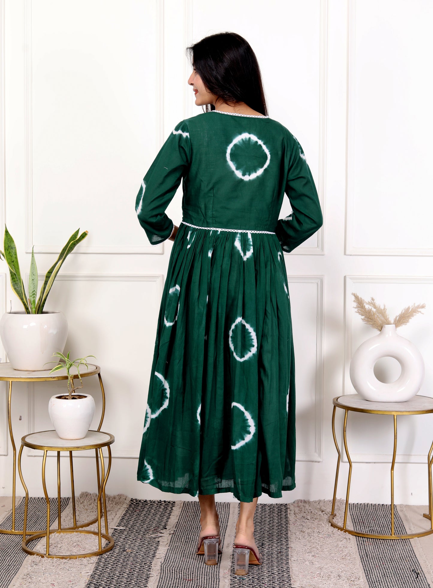 Green Tie-Dye Cotton Outfit with Lace Detailing – Flared Dress