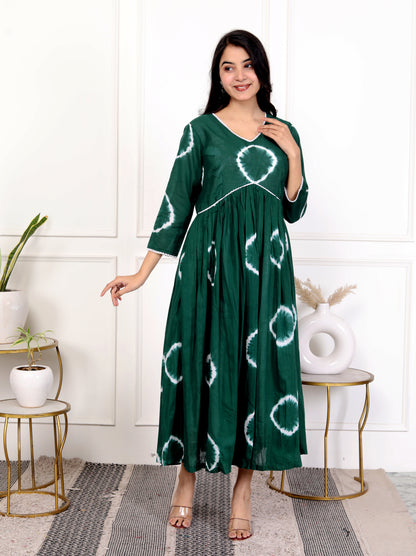 Green Tie-Dye Cotton Outfit with Lace Detailing – Flared Dress