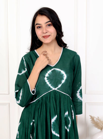 Green Tie-Dye Cotton Outfit with Lace Detailing – Flared Dress