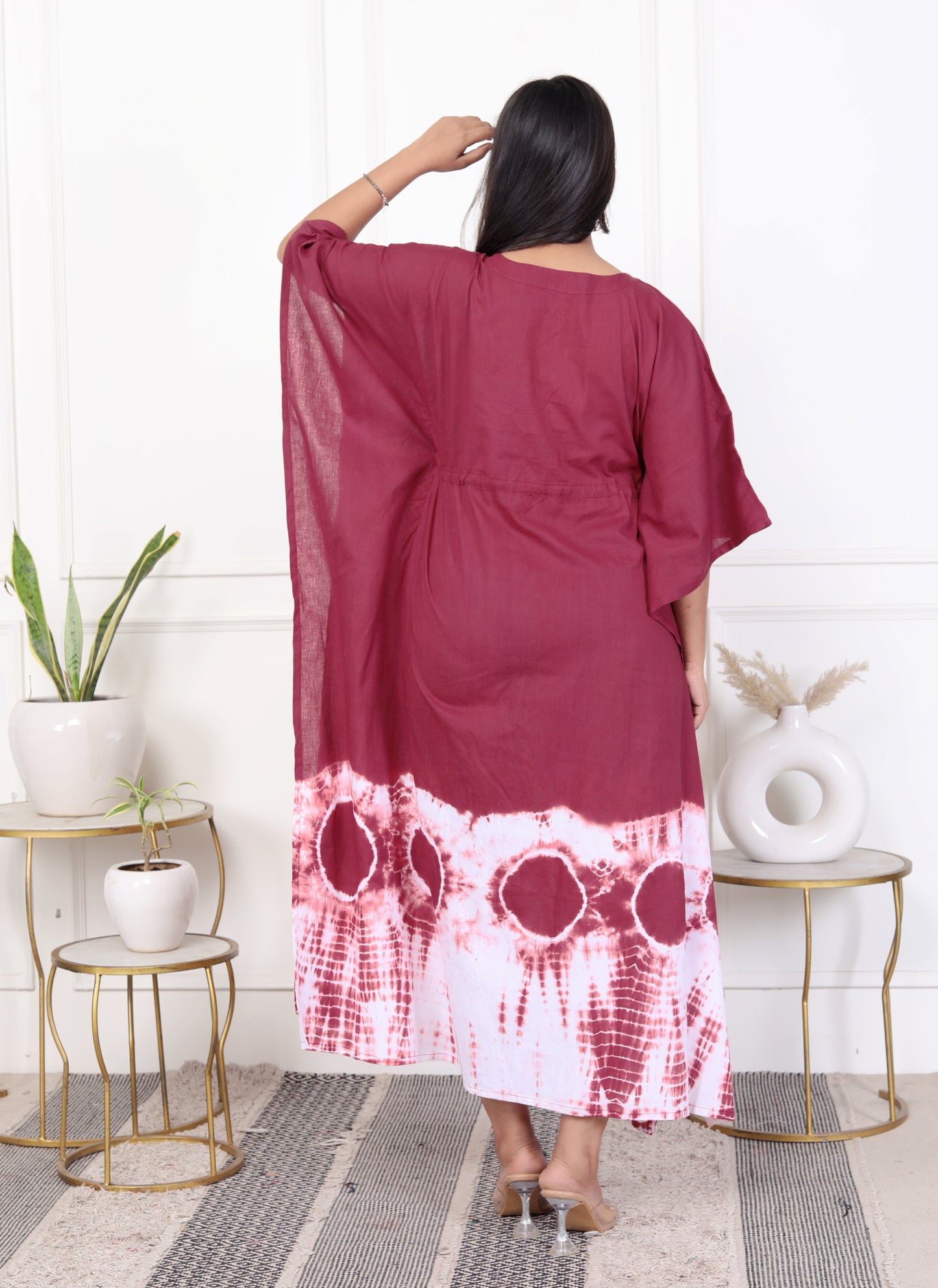 Wine Red & White Drawstring Cotton Outfit – Tie-Dye Kaftan Dress