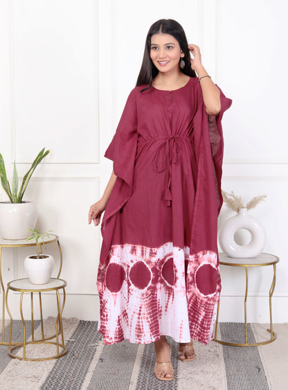 Wine Red & White Drawstring Cotton Outfit – Tie-Dye Kaftan Dress