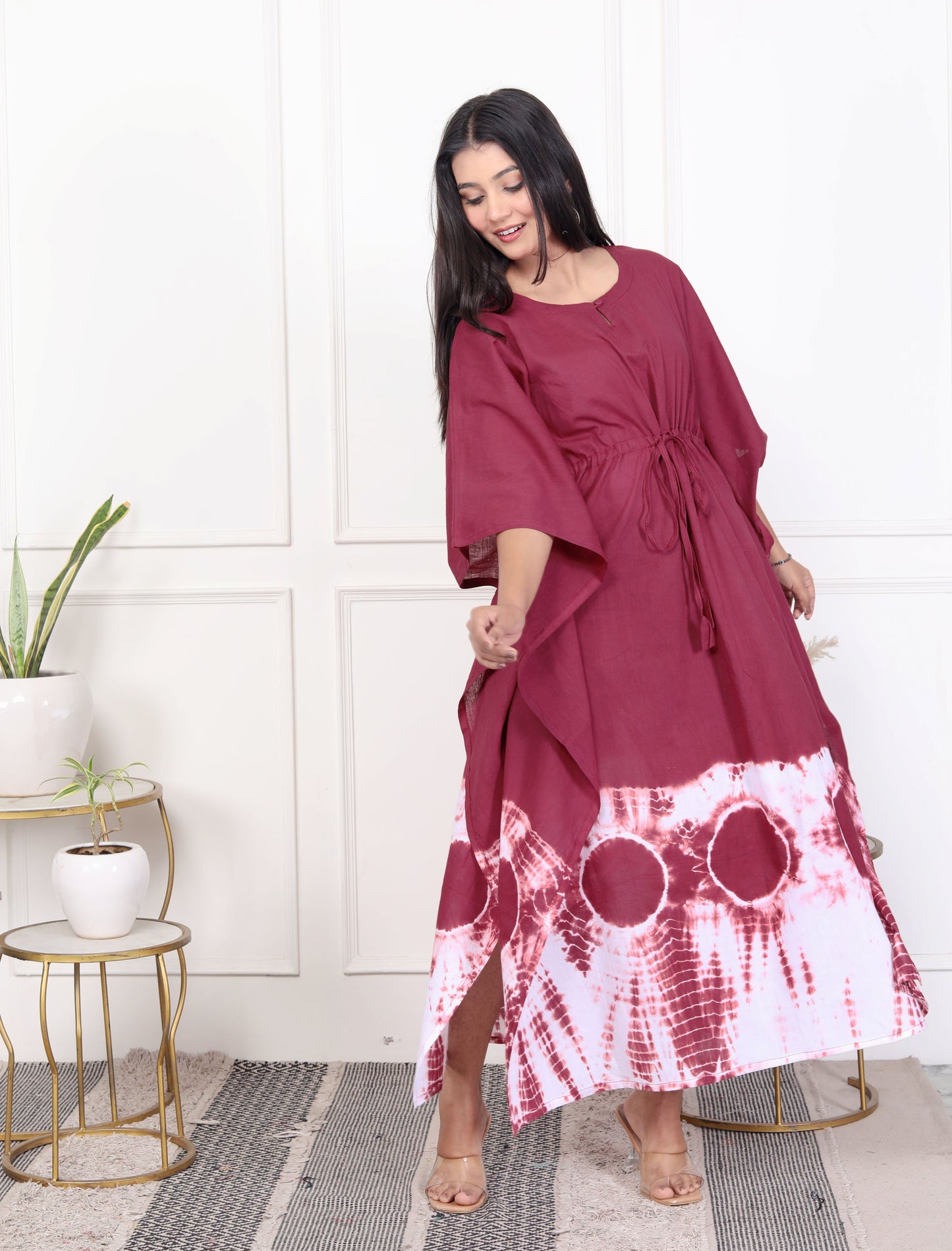 Wine Red & White Drawstring Cotton Outfit – Tie-Dye Kaftan Dress