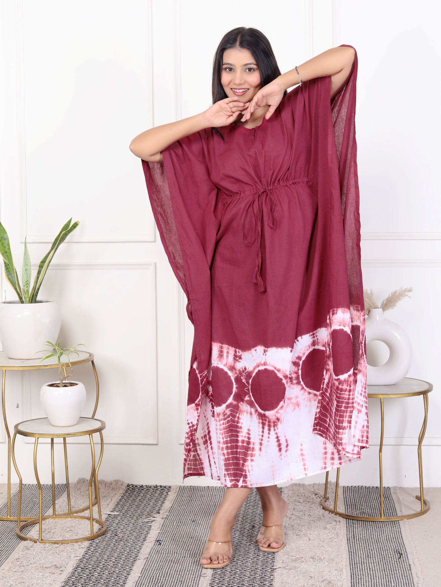 Wine Red & White Drawstring Cotton Outfit – Tie-Dye Kaftan Dress