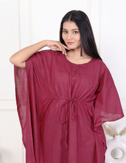 Wine Red & White Drawstring Cotton Outfit – Tie-Dye Kaftan Dress