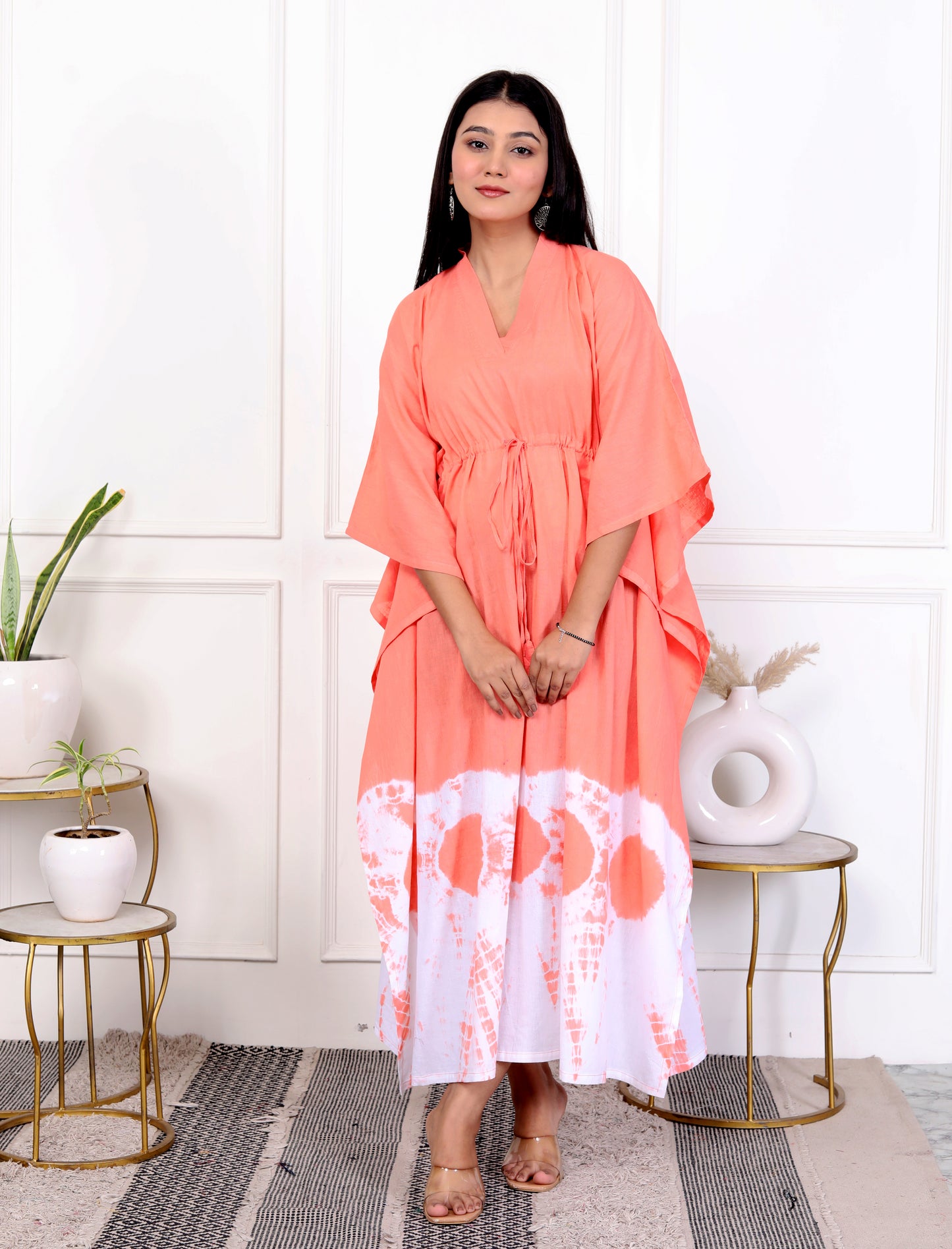 Coral Tie-Dye Kaftan Dress