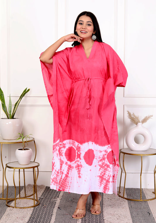 Hot Pink & White Drawstring Cotton Outfit – Tie-Dye Kaftan Dress