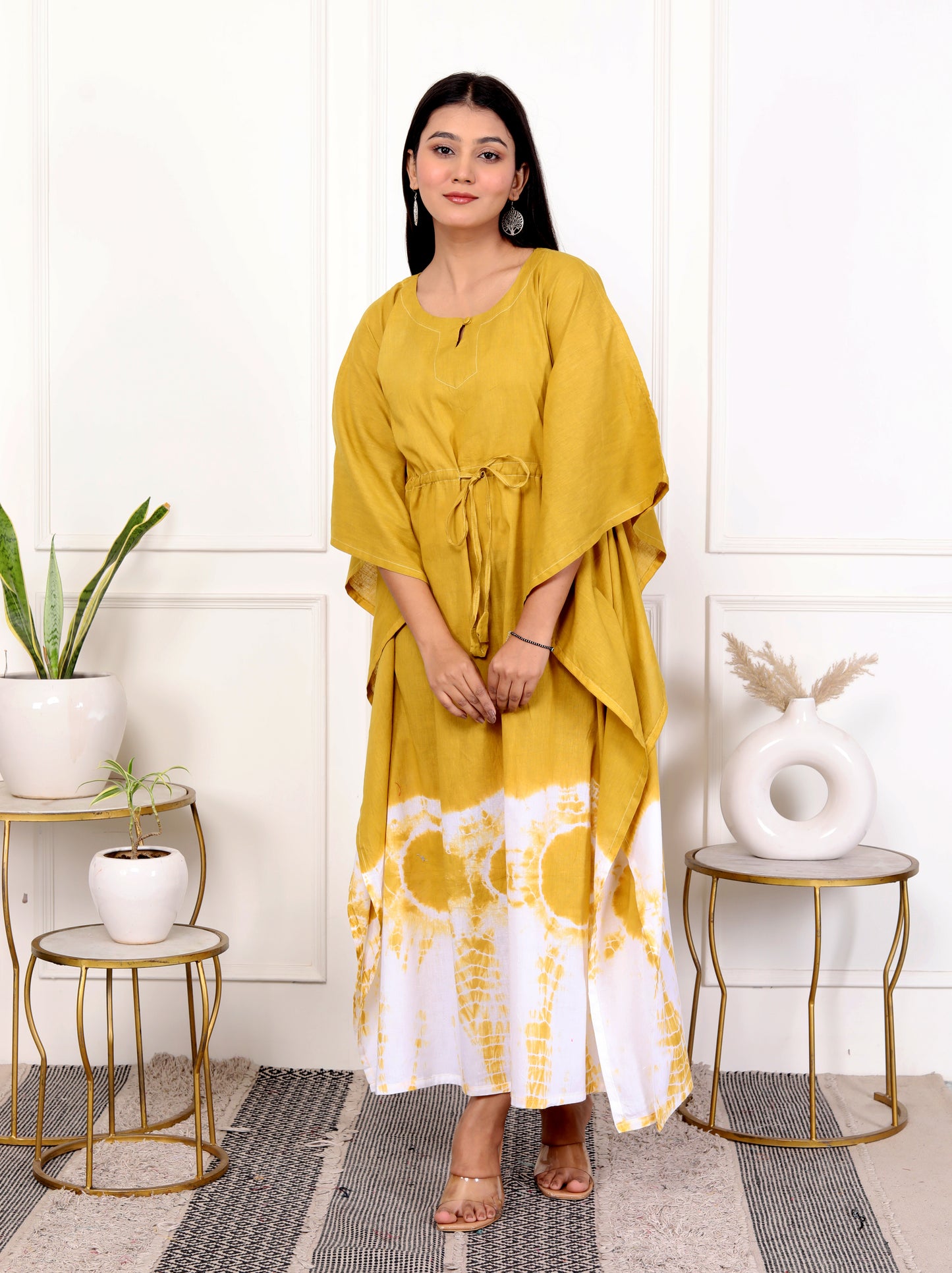 Mustard Yellow Tie-Dye Kaftan Dress