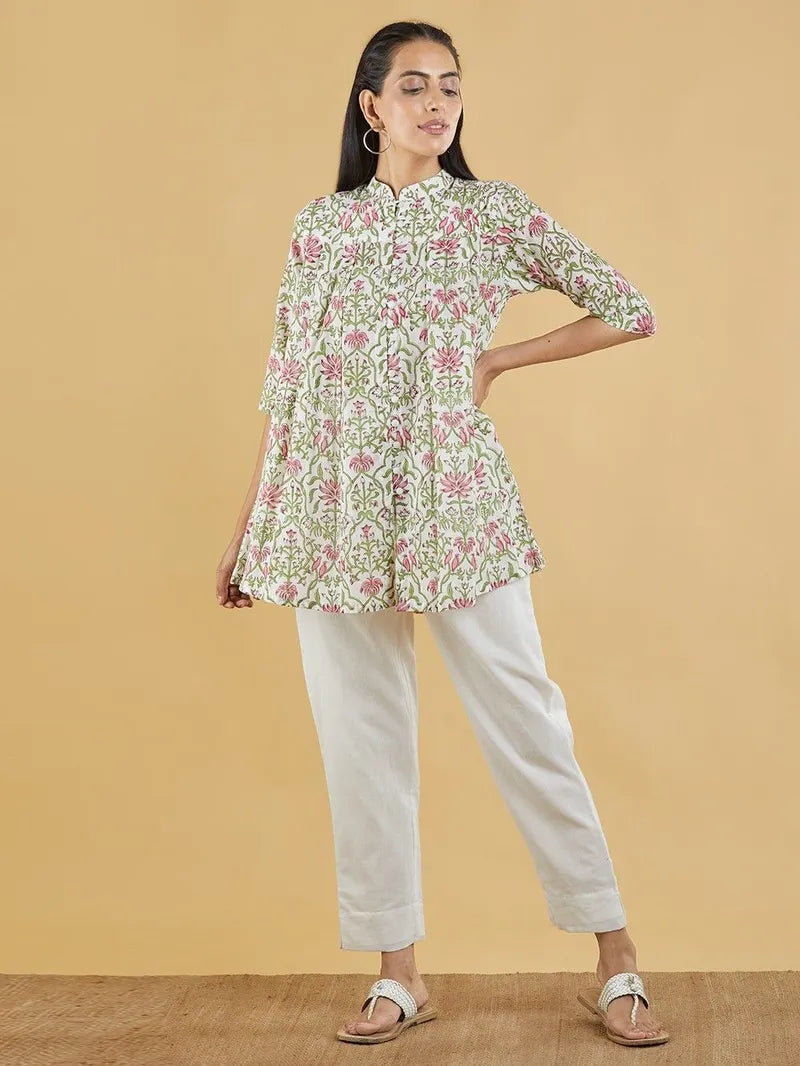 Green Pink Hand Block Printed Cotton Top with Off White Pants - Set of 2 - Pink City Vastra