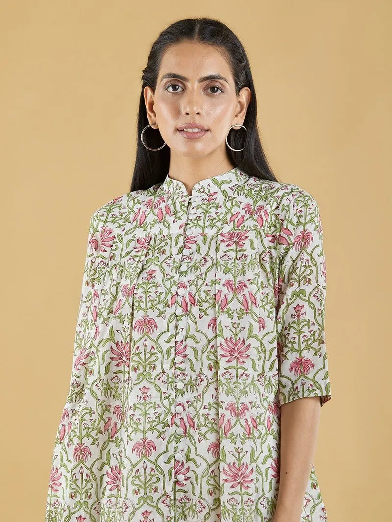 Green Pink Hand Block Printed Cotton Top with Off White Pants - Set of 2 - Pink City Vastra