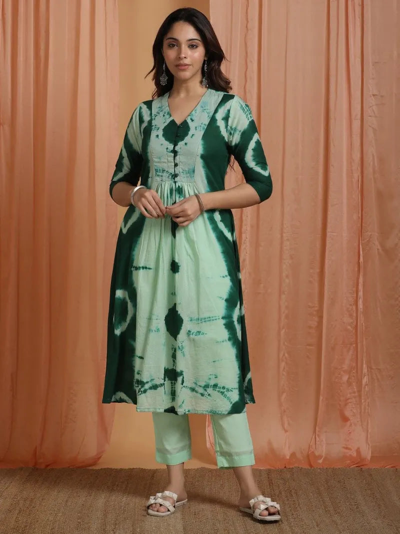 Green Tie and Dye Cotton Suit- Set of 3 - Pink City Vastra