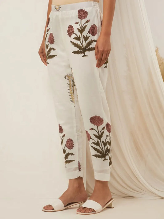 Off White Hand Block Printed Cotton Pants - Pink City Vastra