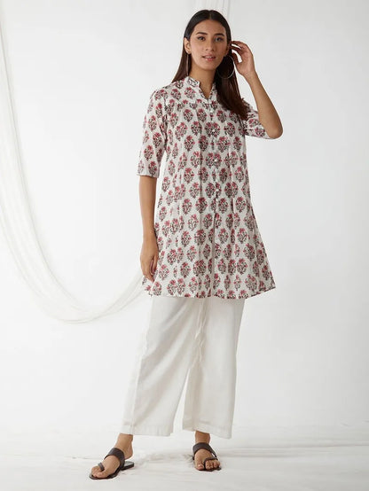 Off White Hand Block Printed Cotton Tunic with Pants- Set of 2 - Pink City Vastra