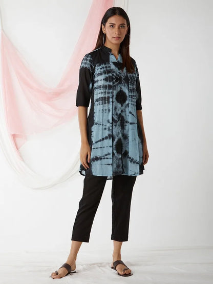 Black Sky Blue Tie and Dye Cotton Tunic with Pants- Set of 2 - Pink City Vastra