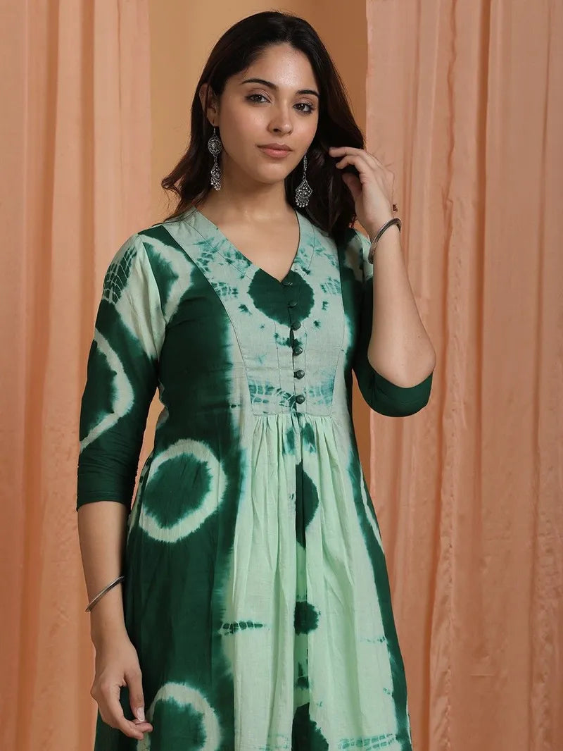 Green Tie and Dye Cotton Suit- Set of 3 - Pink City Vastra