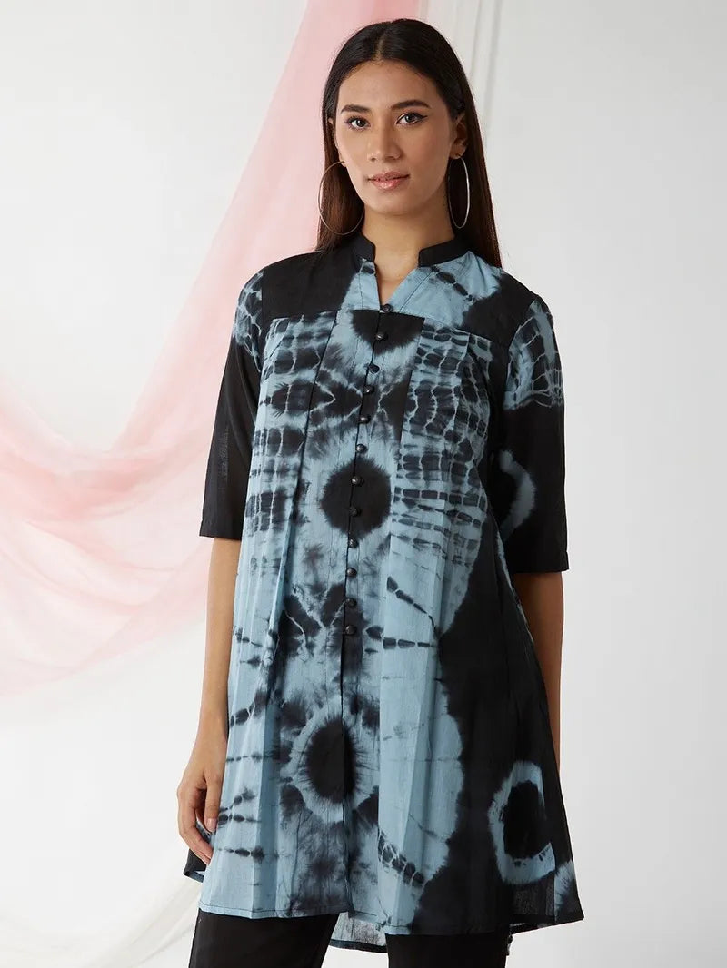 Black Sky Blue Tie and Dye Cotton Tunic with Pants- Set of 2 - Pink City Vastra