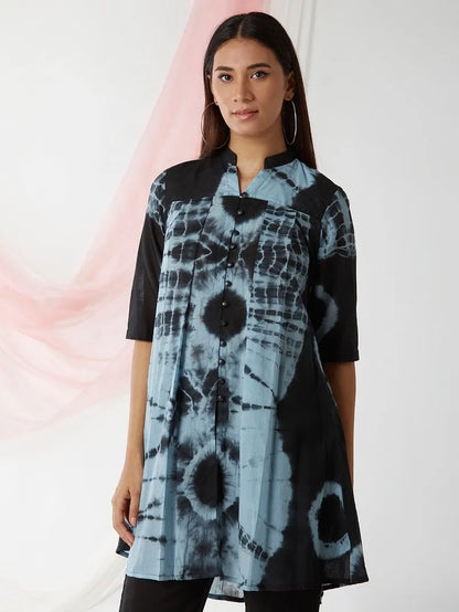 Black Sky Blue Tie and Dye Cotton Tunic with Pants- Set of 2 - Pink City Vastra