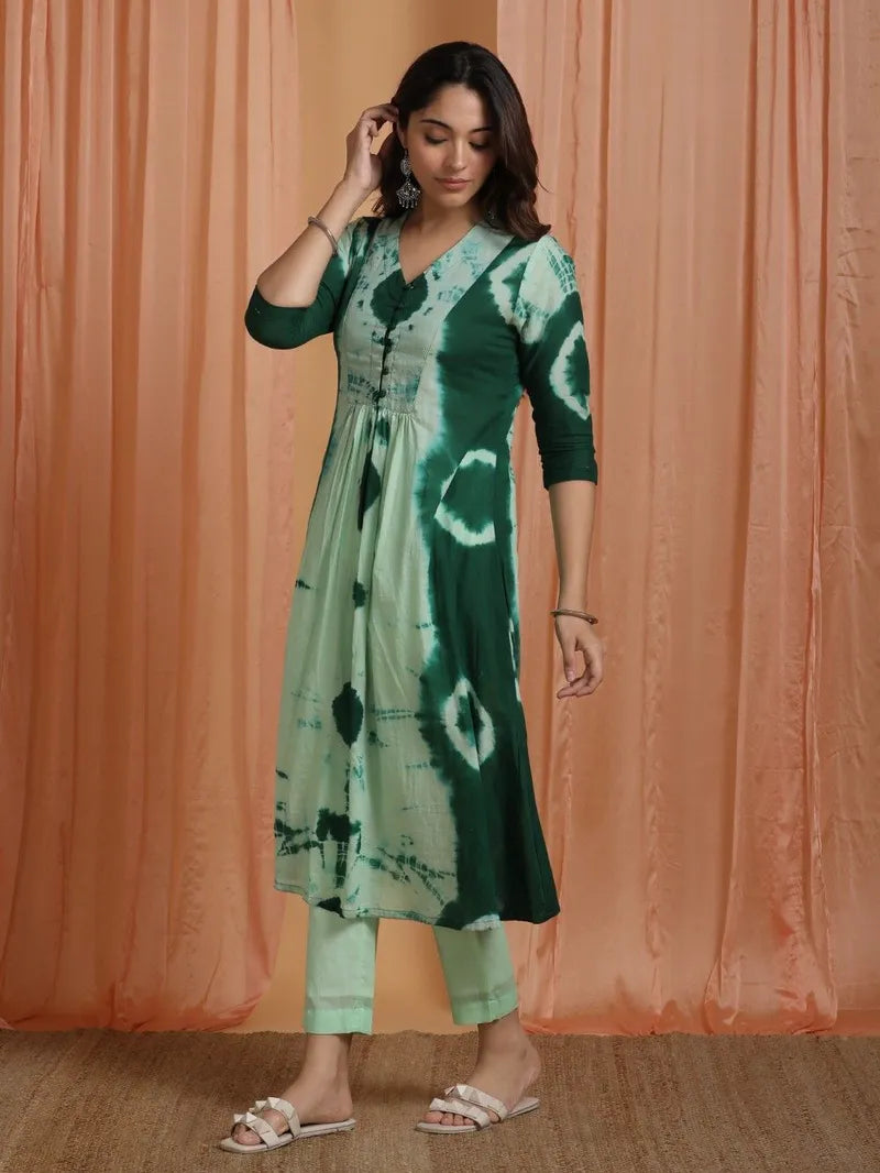 Green Tie and Dye Cotton Suit- Set of 3 - Pink City Vastra