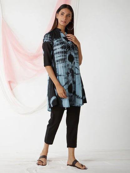 Black Sky Blue Tie and Dye Cotton Tunic with Pants- Set of 2 - Pink City Vastra