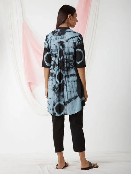 Black Sky Blue Tie and Dye Cotton Tunic with Pants- Set of 2 - Pink City Vastra