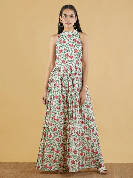 Green Red Hand Block Printed Cotton Maxi Dress - Pink City Vastra