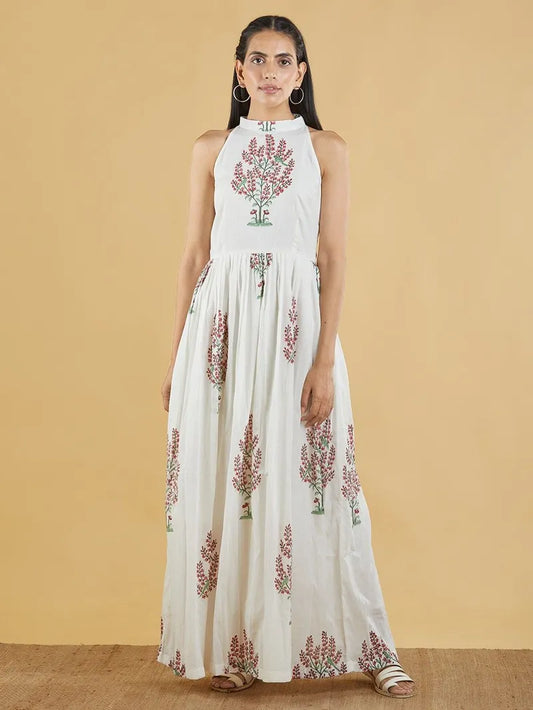 Off White Brown Hand Block Printed Cotton Maxi Dress - Pink City Vastra