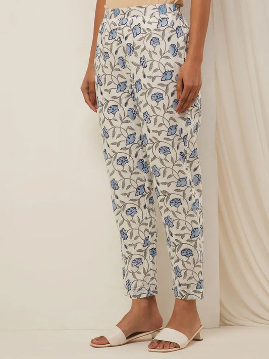 Off White Blue Hand Block Printed Cotton Pants - Pink City Vastra