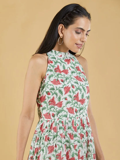 Green Red Hand Block Printed Cotton Maxi Dress - Pink City Vastra