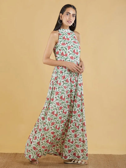 Green Red Hand Block Printed Cotton Maxi Dress - Pink City Vastra