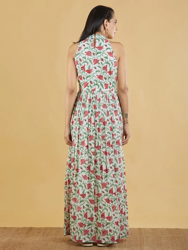 Green Red Hand Block Printed Cotton Maxi Dress - Pink City Vastra