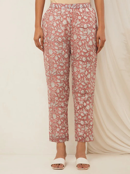 Mauve Hand Block Printed Cotton Pants - Pink City Vastra