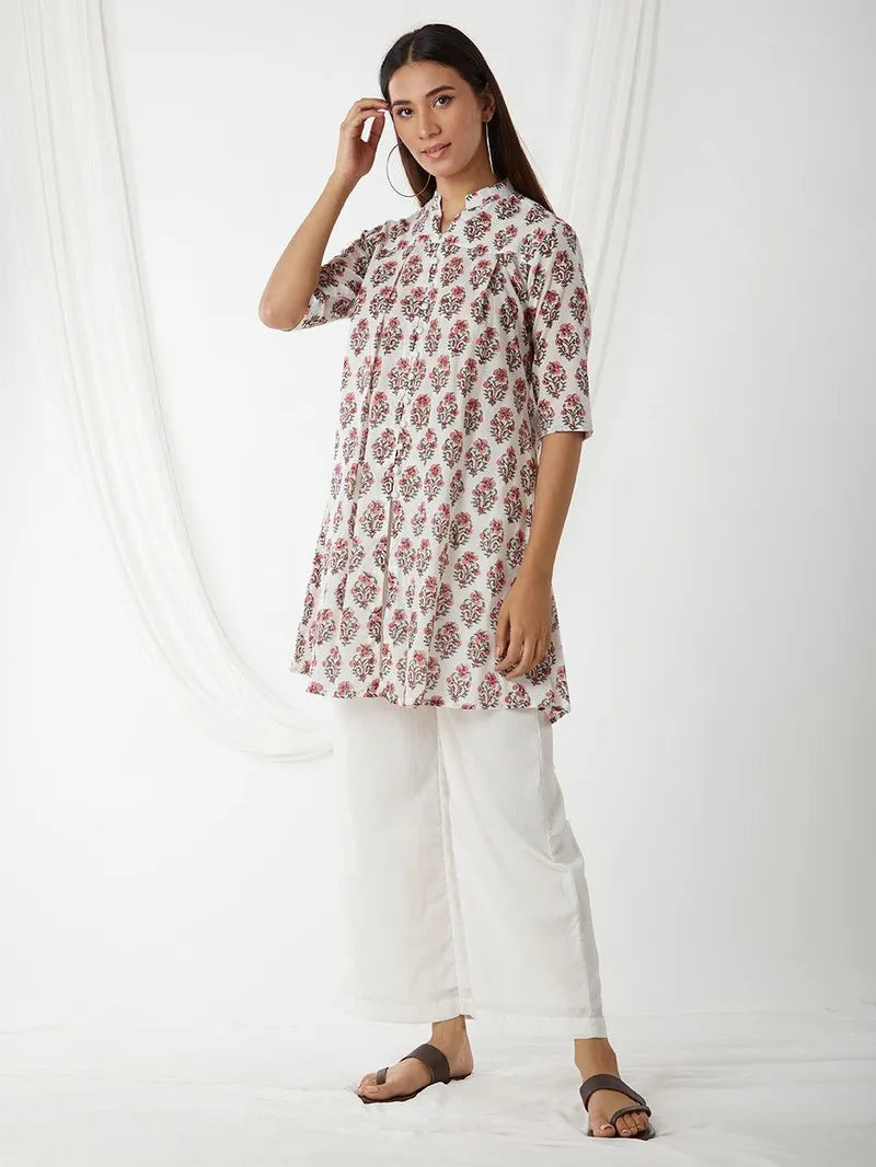 Off White Hand Block Printed Cotton Tunic with Pants- Set of 2 - Pink City Vastra