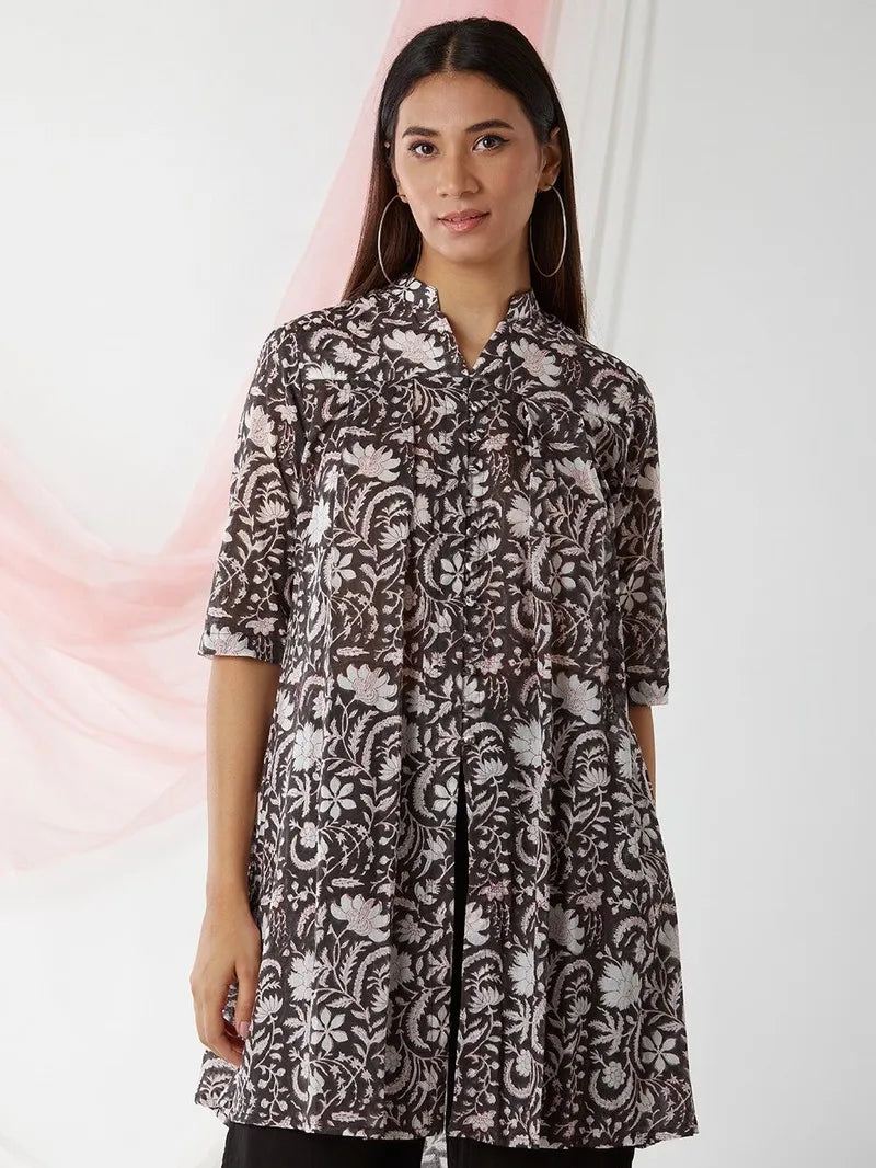 Black Hand Block Printed Cotton Tunic with Palazzo- Set of 2 - Pink City Vastra