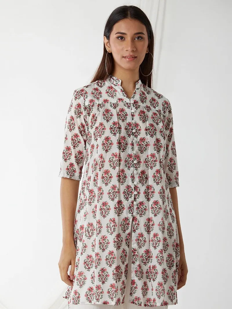 Off White Hand Block Printed Cotton Tunic with Pants- Set of 2 - Pink City Vastra