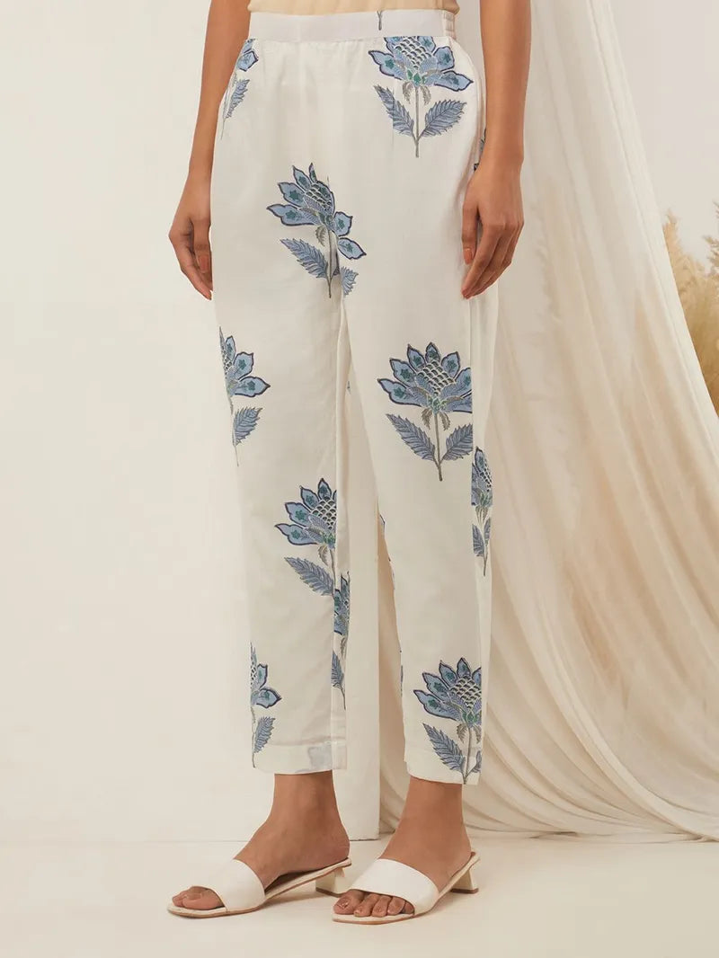 Blue Hand Block Printed Cotton Pants - Pink City Vastra